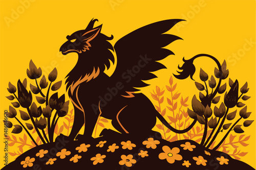 Silhouette of a Majestic Griffin Perched on a Golden Hilltop