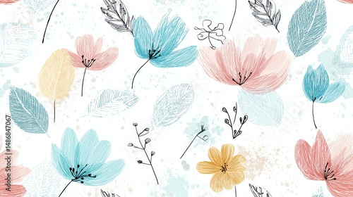 Hand-drawn seamless floral pattern on light background Colorful floral pattern with soft pastel hues.