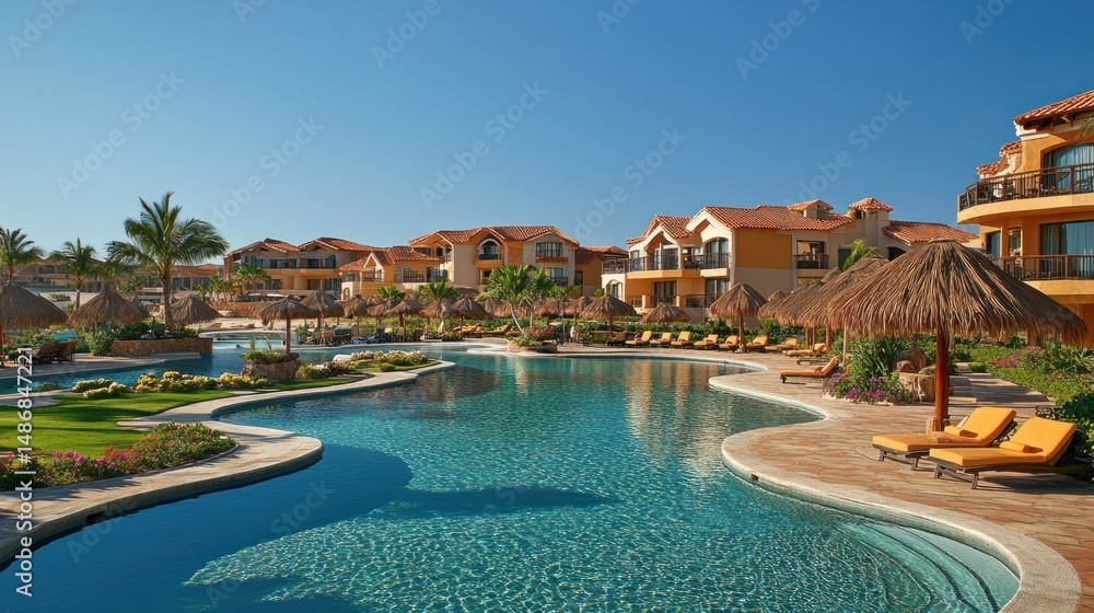 Fototapeta premium Luxury resort pool and villas sunny daytime vacation scene