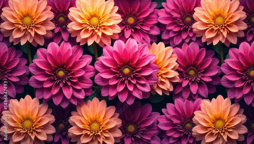 Fototapeta premium Intricate dahlia blooms, vibrant hues, repeating pattern , seamless, dahlia pattern, floral