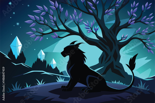 Silhouette of a Majestic Griffin at Rest Beneath a Towering Tree