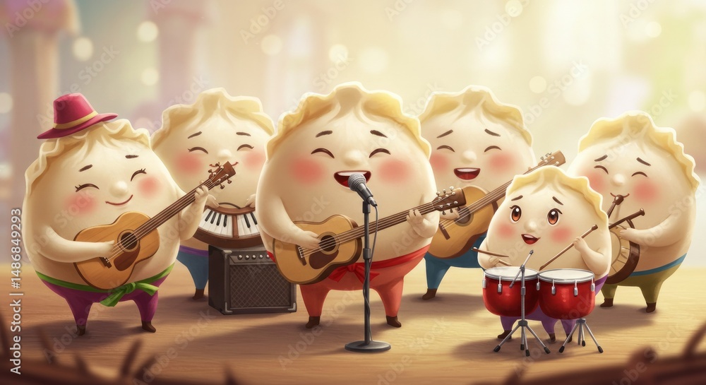 Fototapeta premium Charming dumpling characters forming musical band on stage for performance