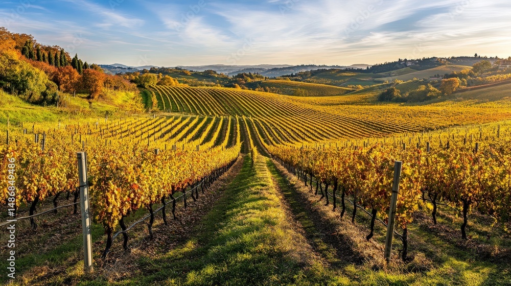 Fototapeta premium Golden vineyard rows under a vibrant autumn sky.