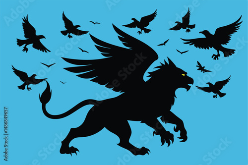Majestic Griffin Racing Swift Birds in Epic Aerial Chase