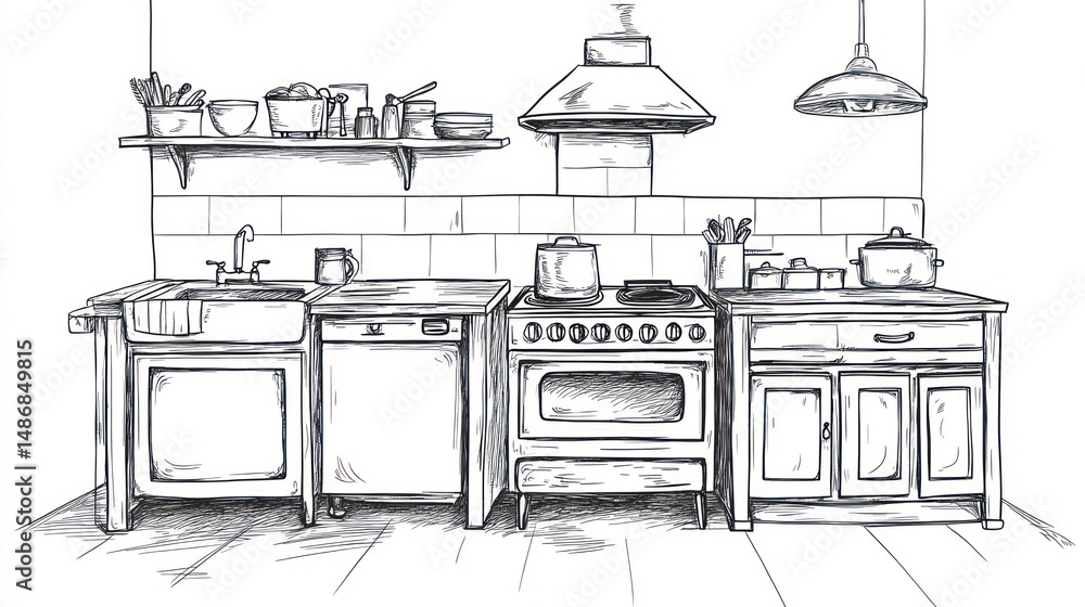 Fototapeta premium Sketch of a vintage kitchen interior