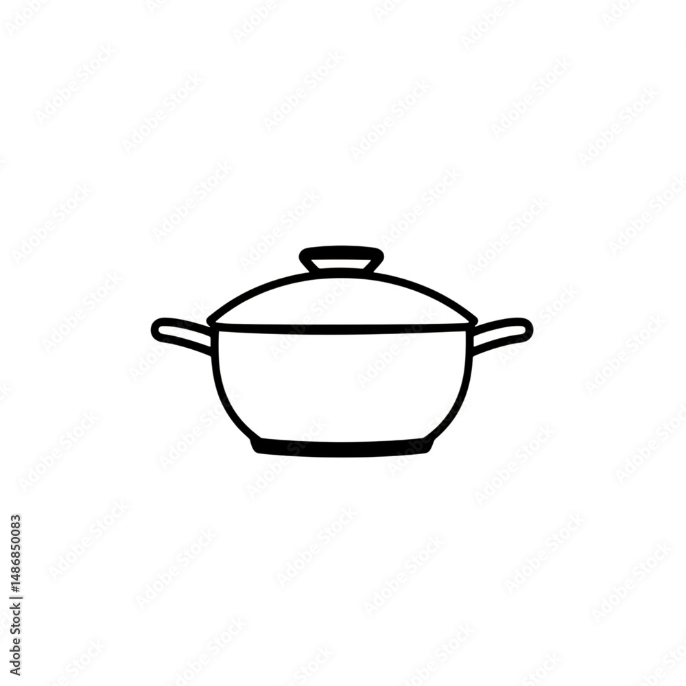 Minimal icon of a cooking pot with lid and side handles in bold black outline on a plain background Minimal icon of a cooking pot with lid and side handles in bold black outline on a plain background