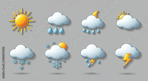 This illustration features an array of weather icons depicting various conditions against a gray background.