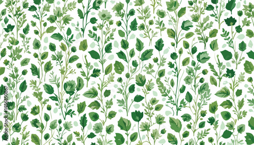 This image depicts a seamless pattern with various types of greenery, including leaves, sprigs, and flowers, on a white background.