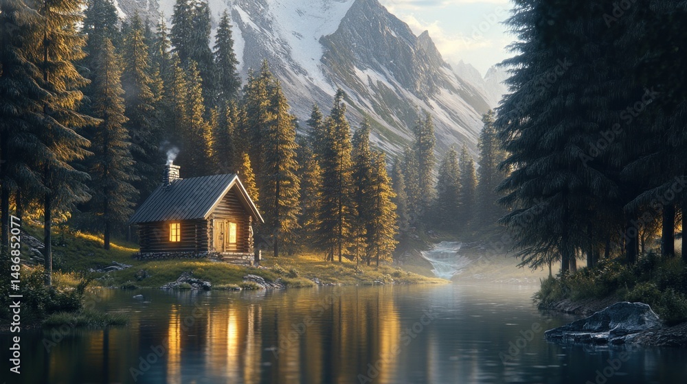 Fototapeta premium Cozy cabin by tranquil lake in majestic mountain landscape
