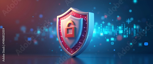 Photo realistic shield and insurance card icon with copy space for insurance ads, emphasizing security and protection in digital marketing materials.