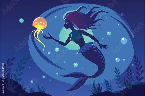Ethereal Mermaid and Bioluminescent Jellyfish Dance in Ocean's Embrace