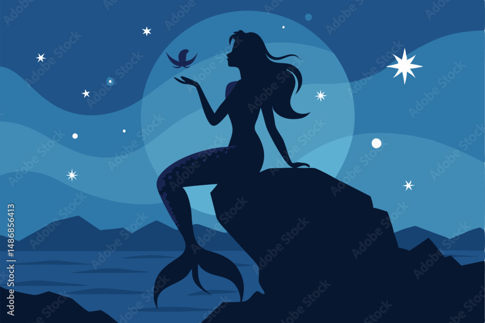 Silhouette of a Serene Mermaid Chanting on a Rugged Seashore Silhouette of a Serene Mermaid Chanting on a Rugged Seashore
