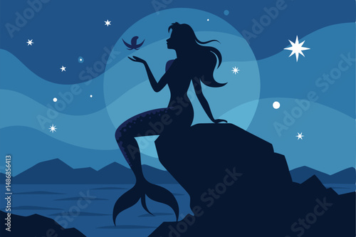 Silhouette of a Serene Mermaid Chanting on a Rugged Seashore