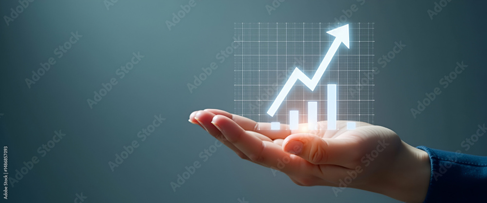 Fototapeta premium Hand presenting holographic investment growth stocks symbol in empty space, showcasing growth stocks against a minimalist backdrop for financial concepts and investment strategies.