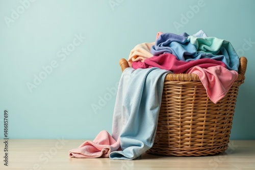 Overfilled woven laundry basket overflowing with clothes , domestic, laundry, wash