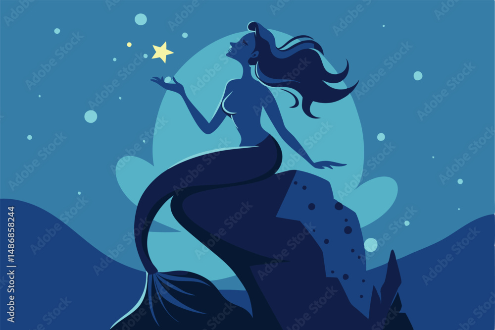 Serene Mermaid Silhouetted on a Rock, Singing Soulfully Serene Mermaid Silhouetted on a Rock, Singing Soulfully