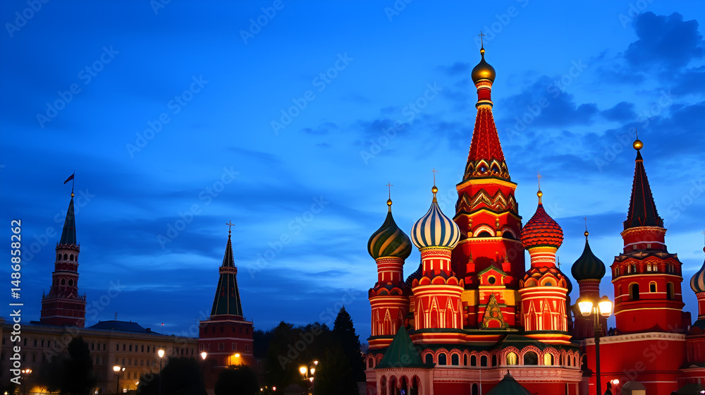 Fototapeta premium Moscow , Russia,St Basil's cathedral in the dusk,Red square