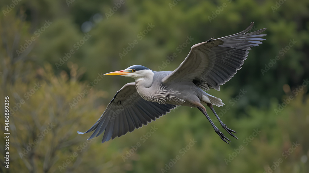 Fototapeta premium Flying heron with wings swept downward