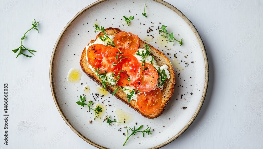 Toasted bread topped with creamy cheese, roasted cherry tomatoes, herbs, and olive oil Toasted bread topped with creamy cheese, roasted cherry tomatoes, herbs, and olive oil