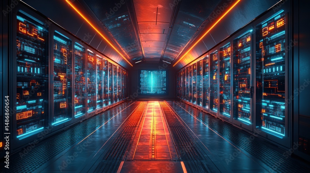 Fototapeta premium Futuristic Server Room: Neon Lights and High-Tech Infrastructure