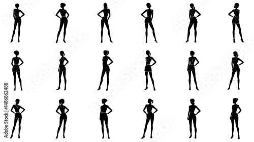 set of Minimal silhouette of  womans or models in a short jumpsuit, faceless, side view standing pose of people