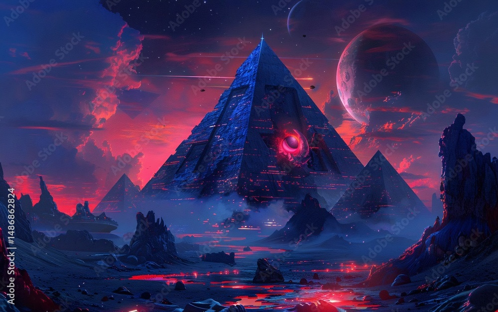 A pyramid-like structure bathed in red and blue light stands majestically in a rocky landscape with a body of water, surrounded by a dramatic red and blue sky with planets and a moon in the distance. A pyramid-like structure bathed in red and blue light stands majestically in a rocky landscape with a body of water, surrounded by a dramatic red and blue sky with planets and a moon in the distance.