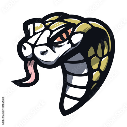 Snake mascot heads with fangs and aggressive expressions in stylized cartoon vector illustration great for reptile logos and gaming avatars