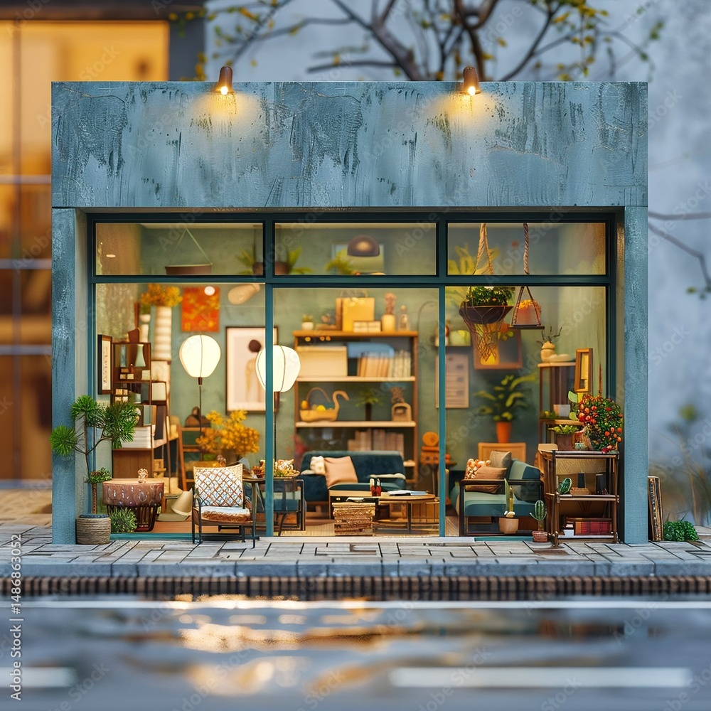 A charming furniture showroom facade with a soothing light blue exterior, featuring large windows into a cozy living room setting with tasteful decor and natural touches. A charming furniture showroom facade with a soothing light blue exterior, featuring large windows into a cozy living room setting with tasteful decor and natural touches.