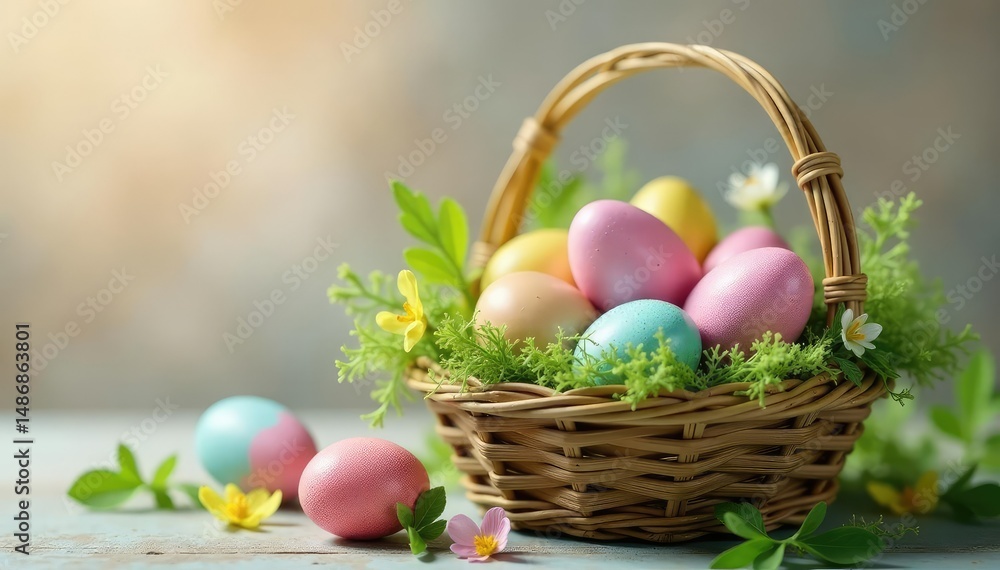 Naklejka premium Colorful Easter eggs in a woven basket overflowing with spring greenery , chocolate, festival, tradition