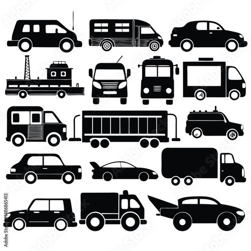 a comprehensive collection of simple black silhouettes representing various types of vehicles with white background.