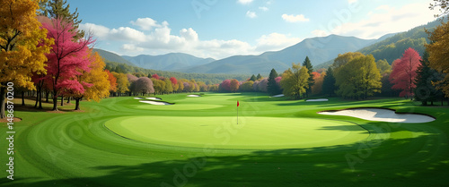 Stunning Golf Course Landscapes: Premium Stock Photos of Lush Greens and Vibrant Blooms for Commercial Advertising - Ideal for Digital Marketing Needs