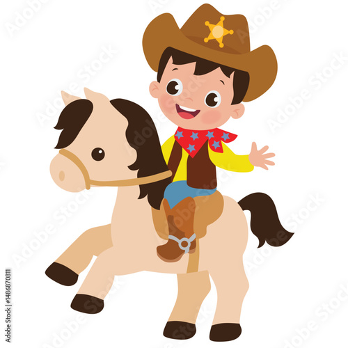 Cute little cowboy riding a horse vector cartoon illustration