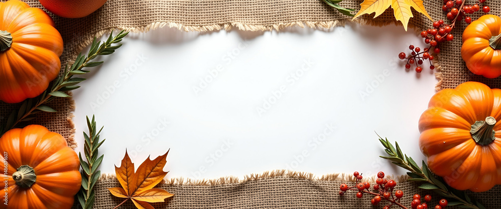 Fototapeta premium Photo realistic rustic border frame with burlap and dried herbs, perfect for Thanksgiving. Ample copy space for text in a warm, inviting design.
