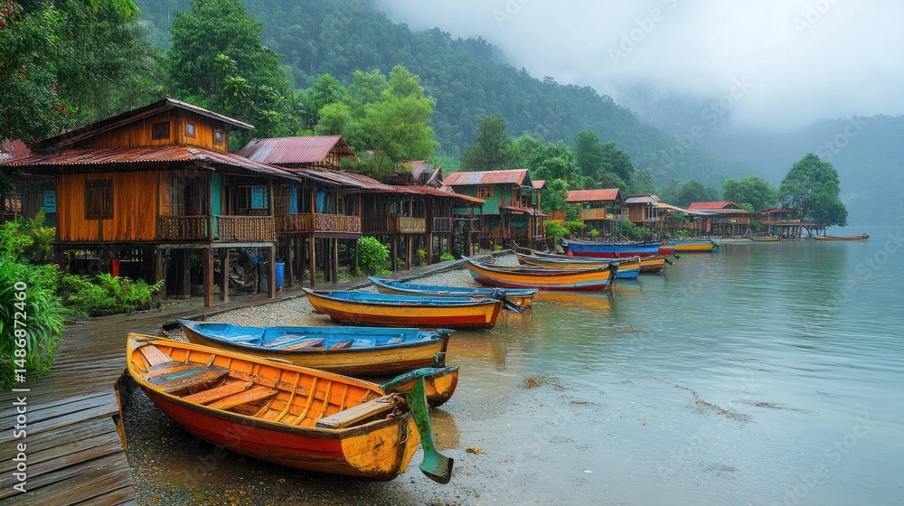 Obraz premium Picturesque Lakeside Village in the Rain