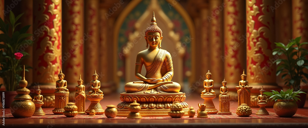 Fototapeta premium Vesak Icons in Ornate Temples: A Symbolic Celebration of Devotional Artistry with Ambient Glow - Perfect for Photo Stock with Space for Text