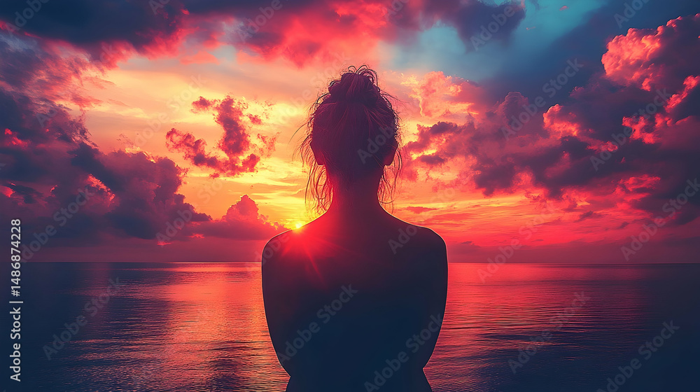 Fototapeta premium Silhouette of a Woman Gazing at Fiery Sunset Over Calm Ocean