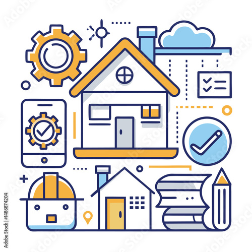  a design concept for a construction or home improvement website using these line icons with white background.