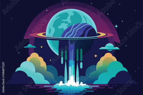 Enchanting Silhouette of a Planet with Ethereal Glowing Waterfalls