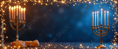 Shimmering Hanukkah Gelt and Glowing Menorah Frame with Elegant Copy Space for Festive Greetings and Celebrations