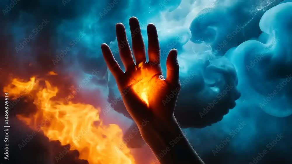 Hand reaching towards fiery and cloudy sky backdrop Hand reaching towards fiery and cloudy sky backdrop