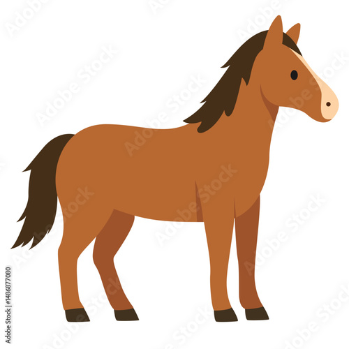 A cartoon-style illustration of a brown horse with a dark mane and tail, black hooves, standing on all four legs.