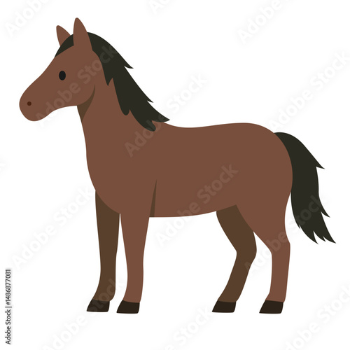 A cartoon-style illustration of a brown horse with a dark mane and tail, black hooves, standing on all four legs.