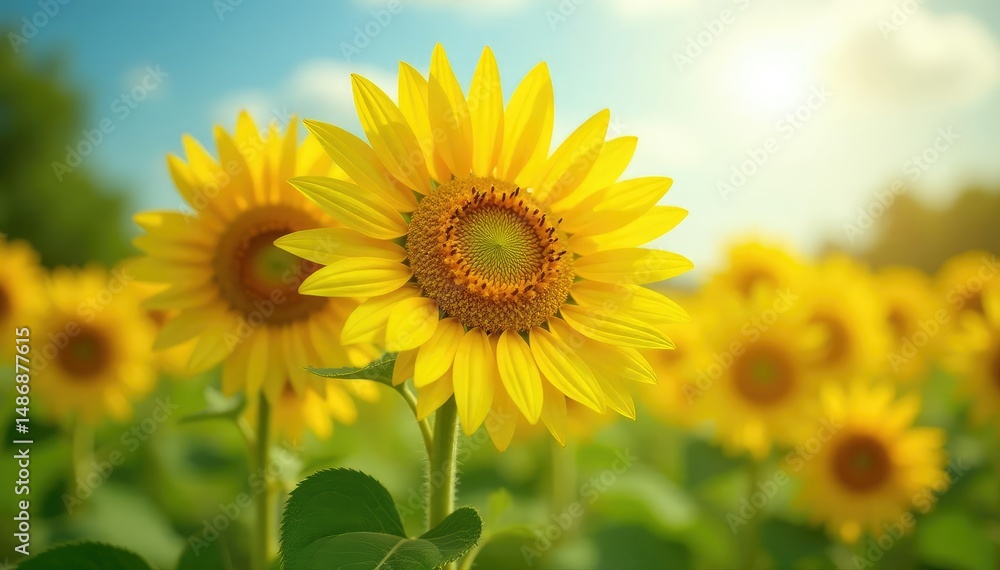 Fototapeta premium Vibrant sunflowers basking in bright sunlight, showcasing their full bloom and healthy leaves , petals, daytime, agriculture