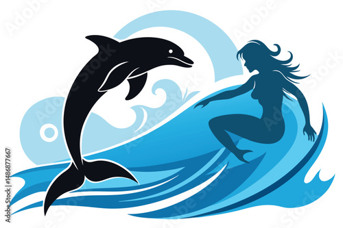 Silhouette of a Selkie and a Dolphin Frolicking in the Azure Sea