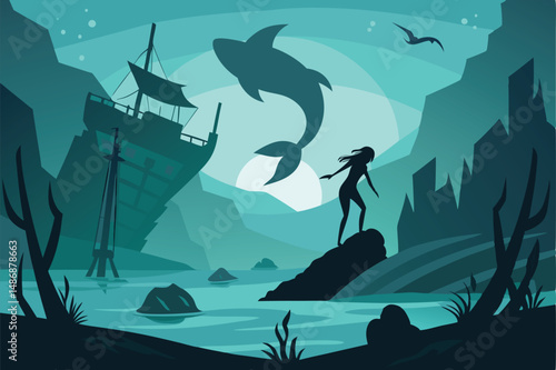 Ethereal Grace: A Selkie's Silhouette Amidst the Ruins of a Shipwreck