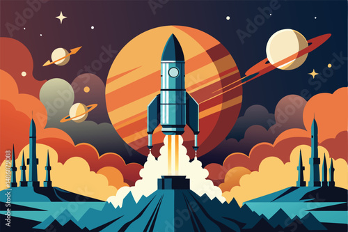 Silhouette of a Rocket Ship Ascending into the Vastness of Space