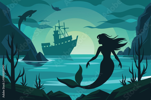 Ethereal Selkie Silhouetted in the Depths of a Sunken Wreckage