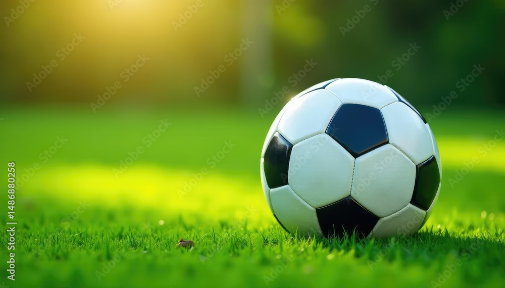 Naklejka premium Soccer ball resting on a lush green soccer field, ready for kickoff , outdoor, soccer, pitch