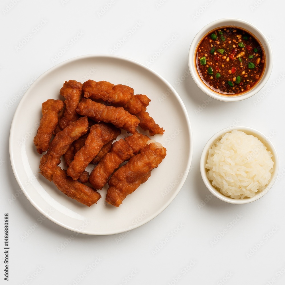 Top View Thai Combo Meal: Pork, Rice, Sauce Top View Thai Combo Meal: Pork, Rice, Sauce