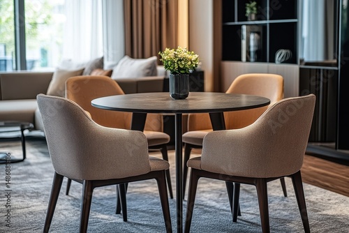 Modern dining set with round table and four chairs